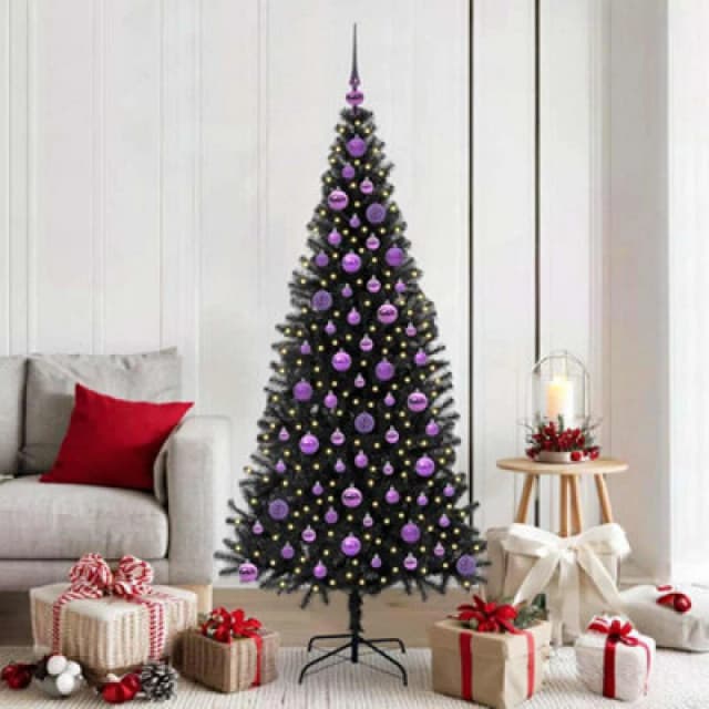 vidaXL Christmas Tree with 300 LEDs, Lilac Balls with Stand Black 180cm PVC, Black 3396484