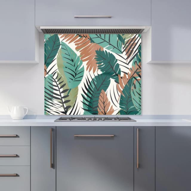 Warren Reed - Designer Tropical Floral Leaves Green Brown Kitchen Splashback Size: 600mm x 750mm Green Unisex 600mm x 750mm