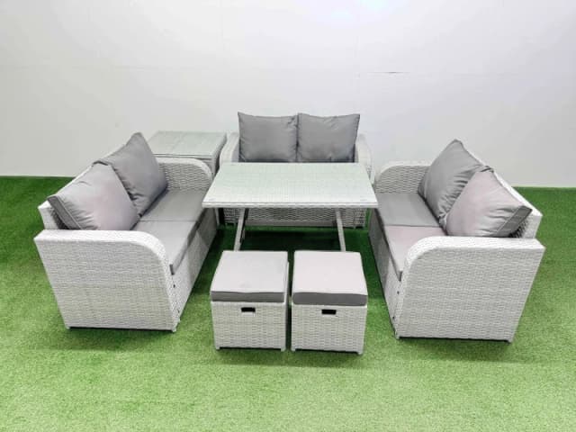 Fimous 8-seater Patio Rectangular Table Love Sofa Set with Side Table in Light Grey Light Grey Unisex