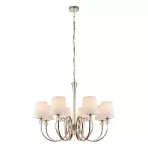 Fabia 8 Light Multi Arm Shade Pendant Polished Nickel Plate, Vintage White Silk, E14