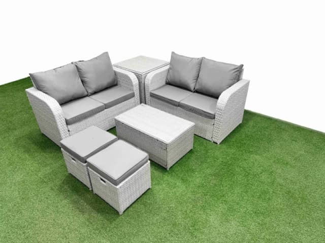 Fimous 6 Seater Outdoor Love Sofa Set Rattan Garden Furniture Set with Rectangular Coffee Table 2 Small Stools Side Table Light Grey Light Grey
