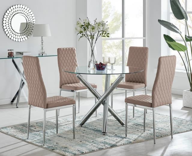 FurnitureboxUK FurnitureboxUK Selina Chrome Round Glass Dining Table and 4 Milan Dining Chairs in Beige Size: 4 Person Beige 4 Person Unisex 5056542