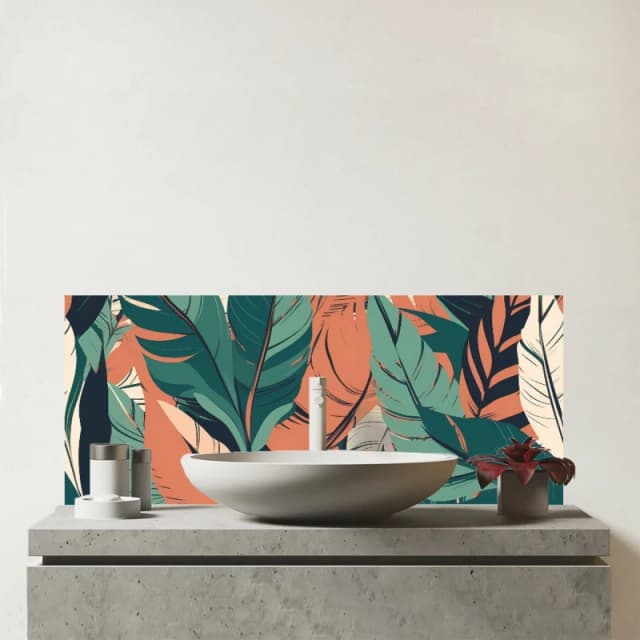 Warren Reed - Designer Autumn Tropical Leaves Glass Bathroom Splashback in Green Green Unisex