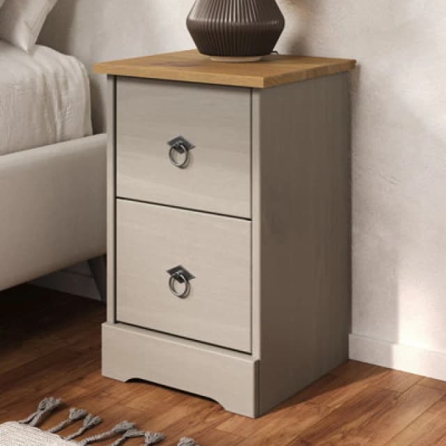 Core Corona Compact Grey and Waxed Pine 2 Drawer Bedside Table