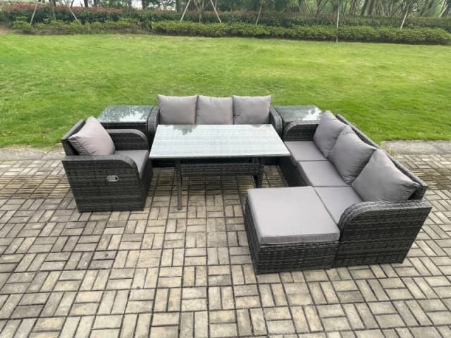 Fimous 8 Seater Rattan Garden Furniture Set Oblong Rectangular Dining Table & Chairs Set with 3 Seater Sofa 2 Side Tables Big Footstool in Dark Grey D