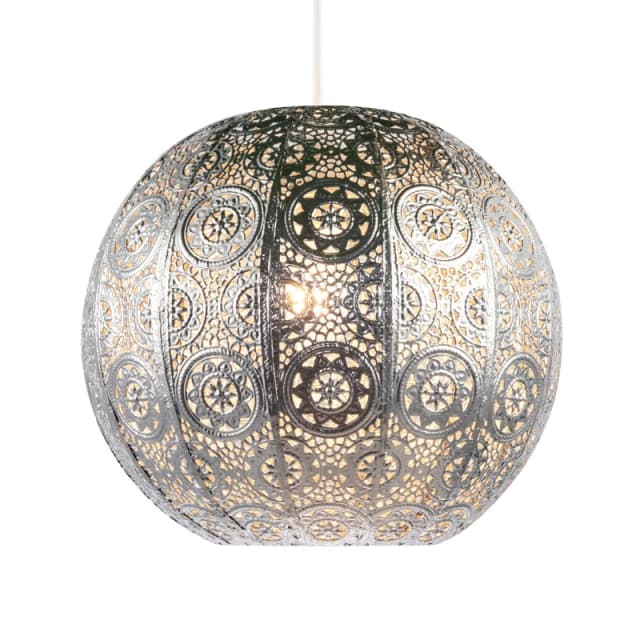 Happy Homewares Spherical Vintage Moroccan Pendant Lighting Shade with Floral Design in Silver Silver Unisex