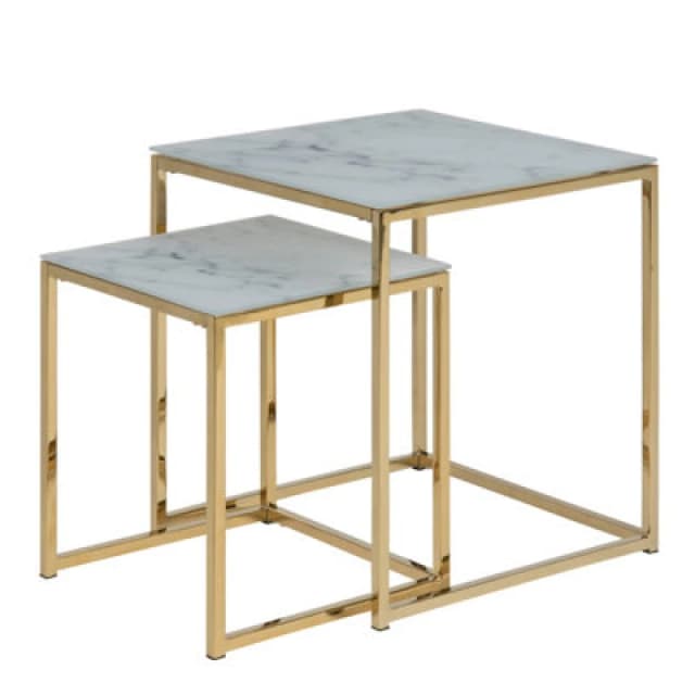 Furniture To Go Alisma Nest of Tables with White Crystal Clear Marble Glass Top & Gold Legs White