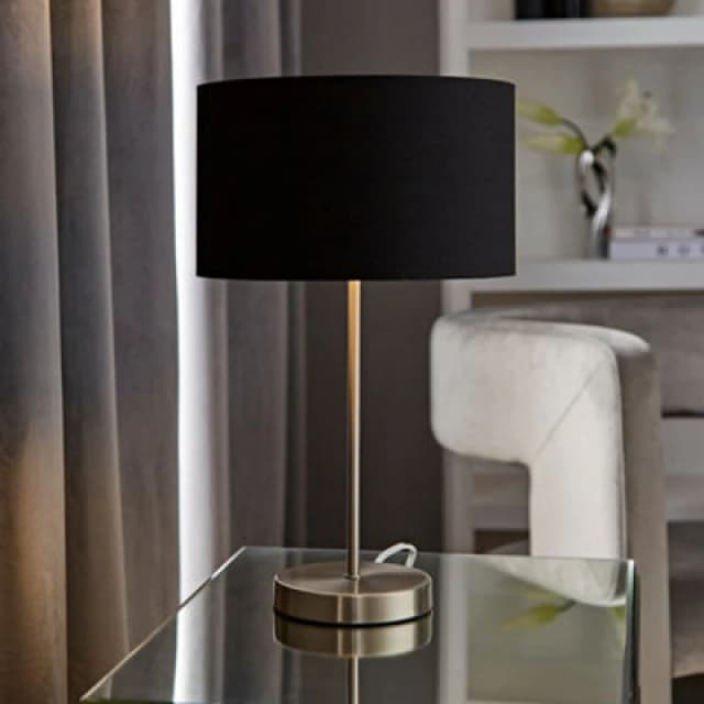 ValueLights ValueLights Charlie Chrome Stem Table Lamp with Fabric Drum with Chrome Inner Lamp Shade in Black One Size Unisex 5059406060618