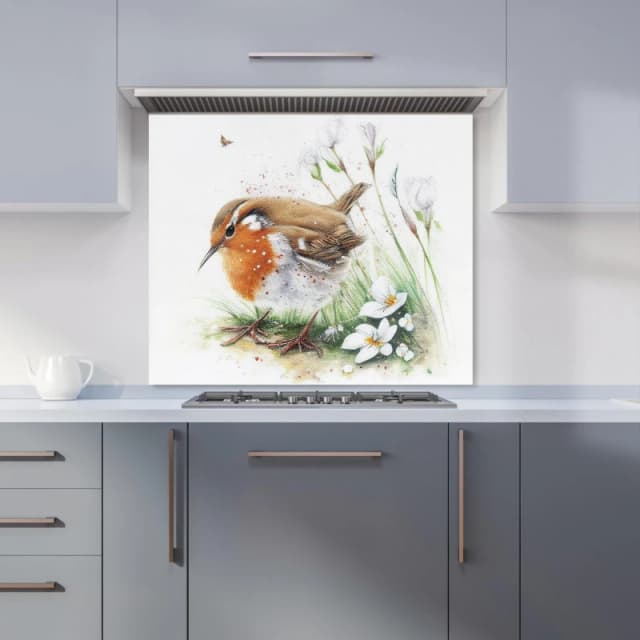 Warren Reed - Designer Robin & Daisies Watercolour Kitchen Splashback in Brown Size: 600mm x 750mm Brown Unisex 600mm x 750mm