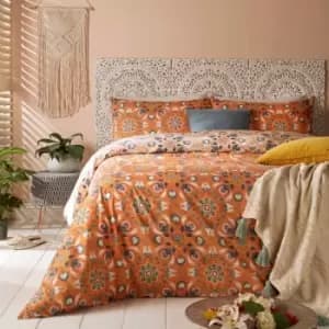 Furn. Folk Flora Super King Duvet Cover Set Cotton Polyester Orange