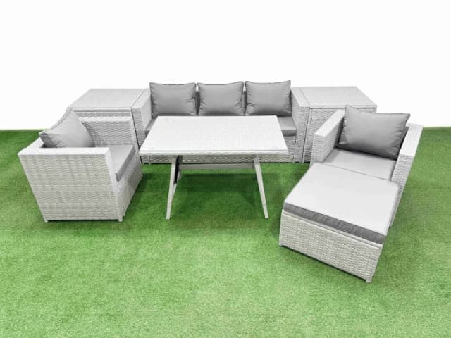 Fimous 8 Pieces Outdoor PE Rattan Sofa Armchair Set with 2 Side Tables Stool in Light Grey Light Grey Unisex