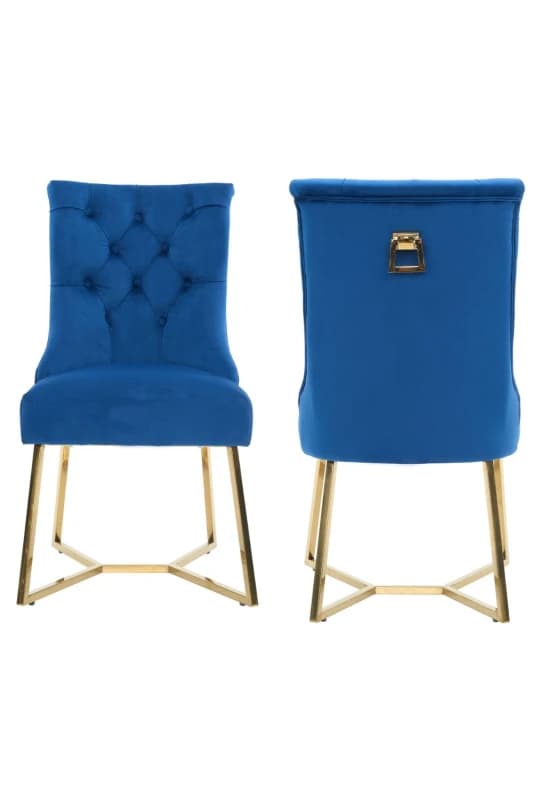 Life Interiors Life Interiors Set of 2 Ambra Modern Velvet Dining Chairs with Gold Legs, Ring Handle & Tufted Back in Blue Blue One Size Unisex 505666