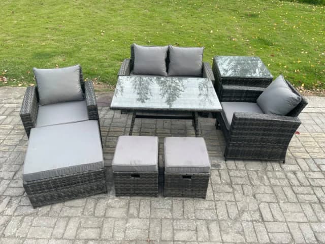 Fimous Rattan Wicker Garden Furniture Patio Conservatory Sofa Set with Rectangular Dining Table Armchair 3 Footstools Side Table in Dark Grey Dark Gre