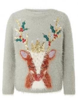Monsoon Girls Christmas Reindeer Knitted Jumper - Grey