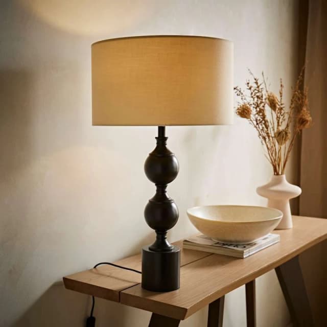 ValueLights ValueLights Declan Candlestick Metal Ball Table Lamp with Fabric Drum Lamp Shade in Natural Natural One Size Unisex 5059406067983