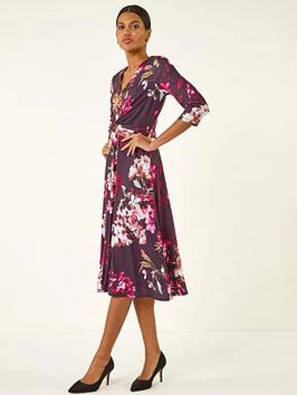 Roman Womens Floral Crossover Stretch Midi Dress in Wine Size: 20 Wine Female 20