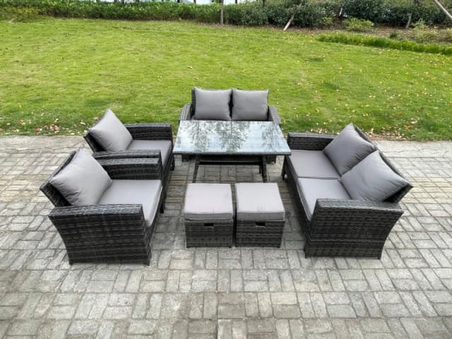 Fimous Rattan Garden Furniture Set Patio Outdoor Lounge Sofa Set with Rectangular Dining Table Double Seat Sofa 2 Small Footstools in Dark Grey Dark G