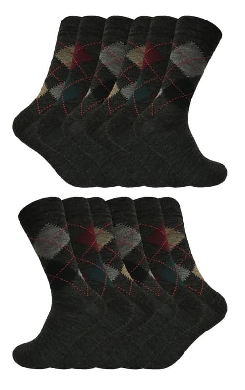 Sock Snob Sock Snob Men 12 Pair Soft Lambswool Honeycomb Top Argyle Patterned Socks in Grey Size: 6-11 Grey 6-11 Male 5060910928226