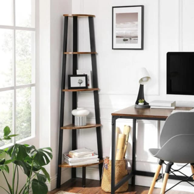 Songmics Corner Bookcase, 5 Tier Shelving Unit, Ladder Shelf Storage Unit, Plant Holder, Rustic Brown And Black