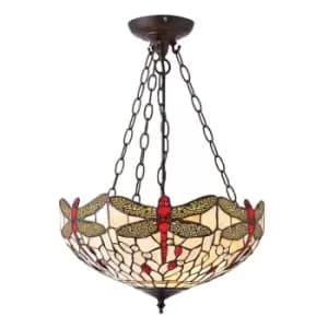 Interiors Dragonfly Beige - 3 Light Medium Inverted Ceiling Pendant Bronze, Beige, Dragonfly Tiffany Glass, E27