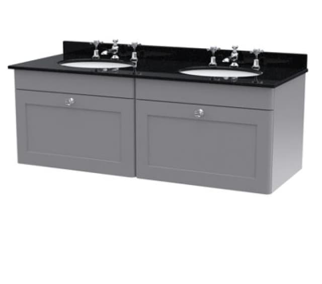 NUIE Nuie Classique Satin Grey 1200mm Wall Hung 2 Drawer Vanity Unit with Black Marble Countertop and 2 Round Basins with 6 Tap Holes - CLC294BR6 CLC2