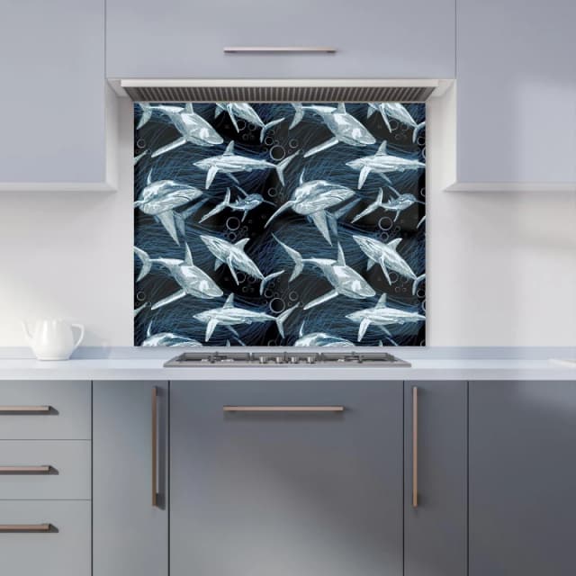 Warren Reed - Designer Hand Drawn Shark Pattern Kitchen Splashback in Blue Size: 700mm x 650mm Blue Unisex 700mm x 650mm