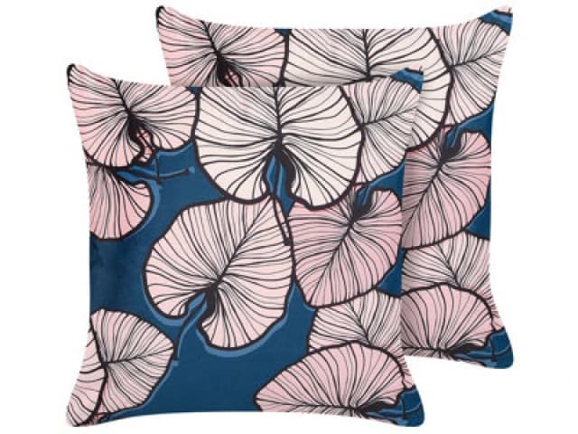 Beliani Set Of 2 Decorative Cushions Chrysanthemum Velvet 45 X 45cm Dark Blue Plant Pattern