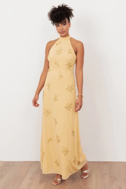 Maya Deluxe Womens Embellished Halter Neck Open Back Maxi Dress in Yellow Size: 8 Yellow Female 8