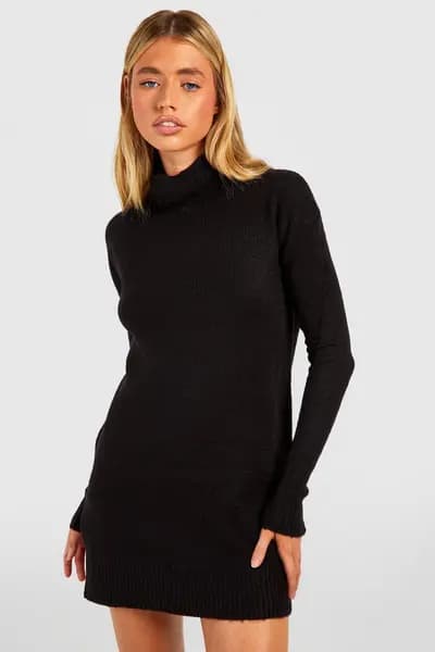 boohoo Roll Neck Oversized Jumper Dress Black