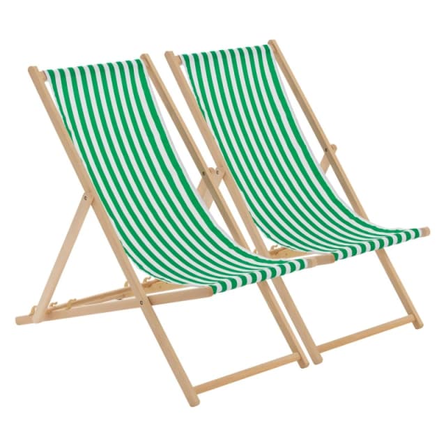 Harbour Housewares Folding Wooden Deck Chairs Green Stripe Pack of 2 Green