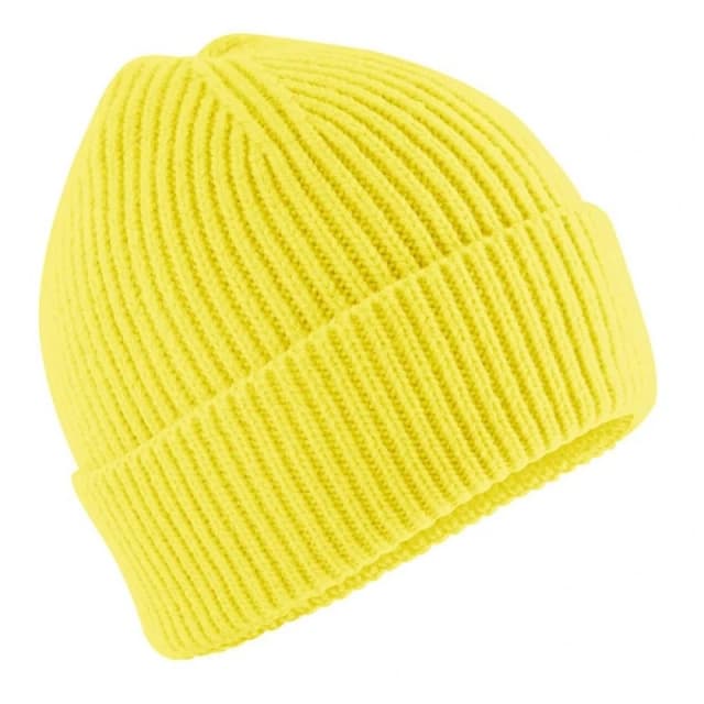 Beechfield Rib Knit Stretch Wide Cuff Beanie Hat - Soft, Flexible in Lemon Lemon Unisex One Size