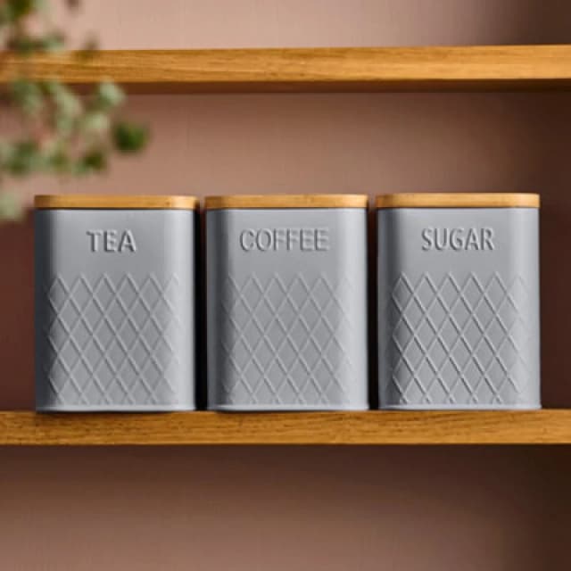Cooks Professional 3 Piece Tea, Coffee & Sugar Square Cannister Jar Bin Set With Bamboo Lids & Diamond Pattern - Dark Grey
