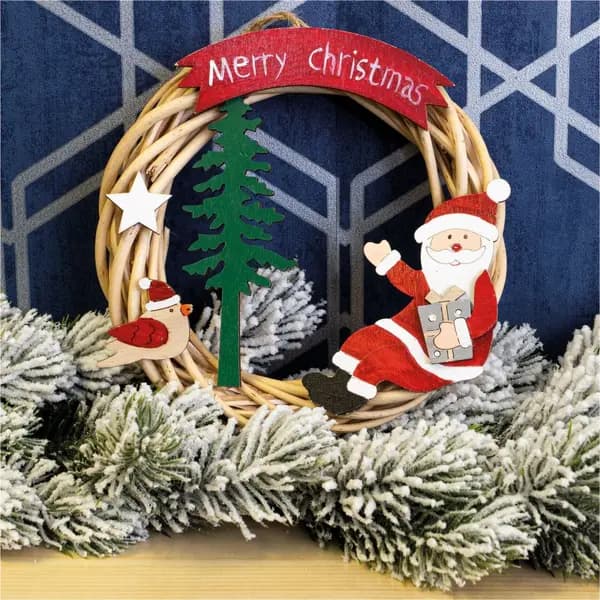 Festive Wicker Christmas Wreath with Santa Claus Design and LED String Light Battery Powered ELV-921152