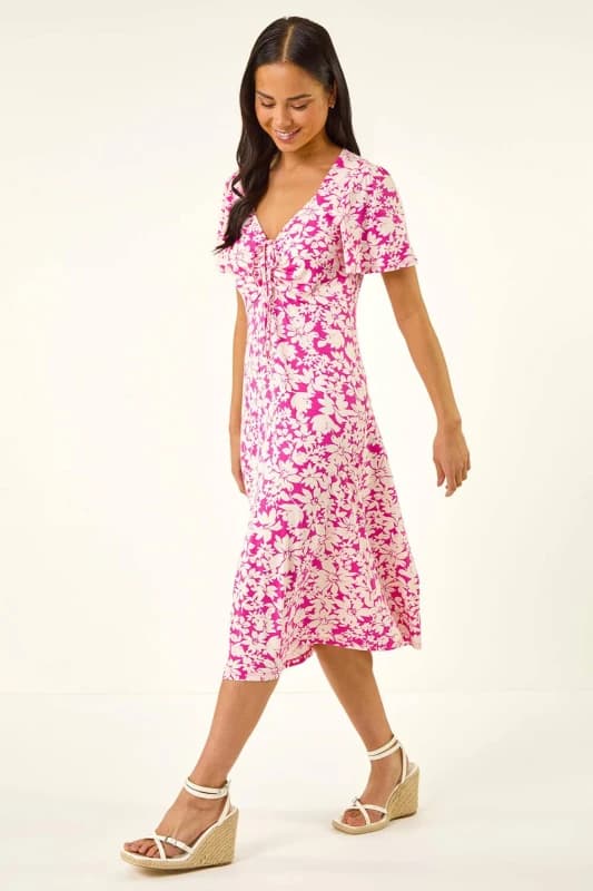 Roman Womens Petite Floral Ruched Stretch Midi Dress in Pink Size: 18 Pink Female 18