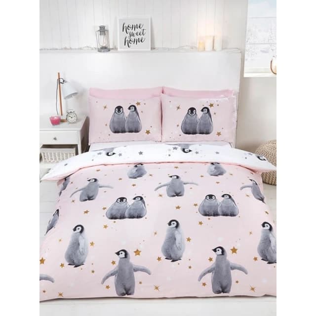 Rapport Reversible Penguin Duvet Cover Set in Pink Size: Single Pink Unisex Single