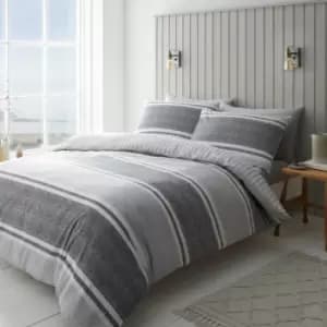 Textured Banded Stripe Easy Care Reversible Duvet Cover Set, Charcoal, Double - Catherine Lansfield