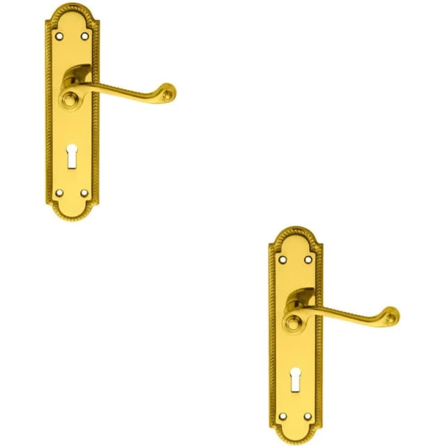 Loops 2x PAIR Reeded Scroll Handle on Shaped Lock Backplate 205 x 49mm Polished Brass Metallics
