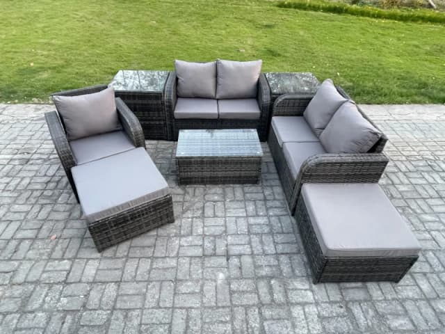 Fimous High Back Rattan Garden Furniture Set with Loveseat Sofa Coffee Table 2 Big Footstool 2 Side Tables Indoor Outdoor Patio Lounge Sofa Set Dark G