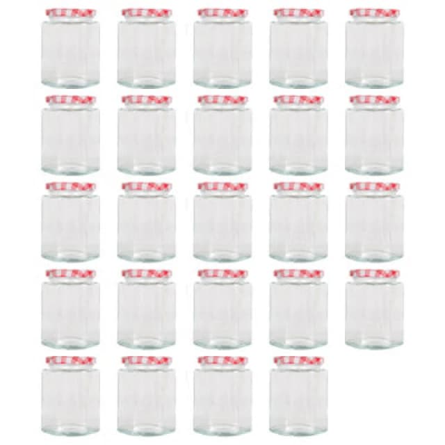 Argon Tableware Hexagonal Glass Jam Jars With Red Gingham Lids - 250ml - Pack Of 24
