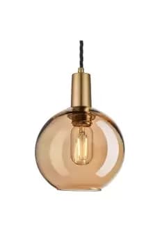 Sleek Tinted Glass Globe Pendant, 7 Inch, Amber, Brass Holder