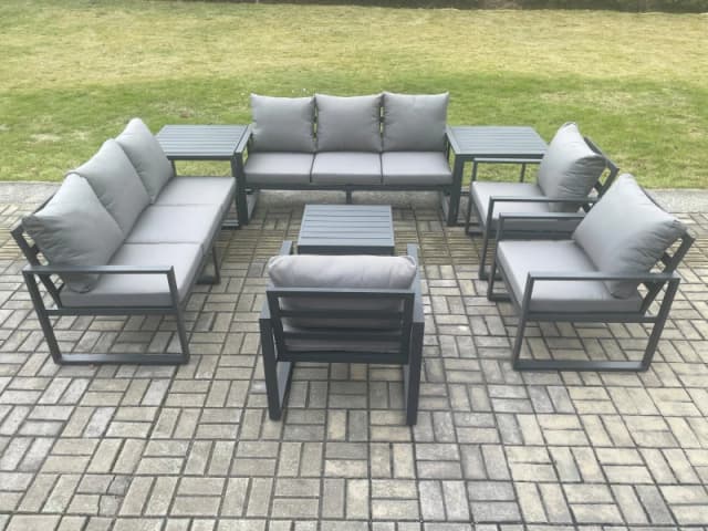 Fimous Aluminium Outdoor Garden Furniture Set Patio Lounge Sofa with Square Coffee Table 3 Armchairs 2 Side Tables Dark Grey Dark Grey Unisex