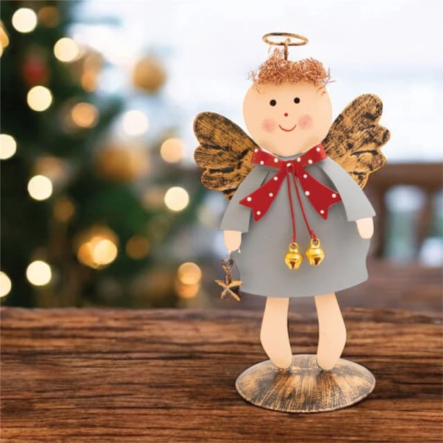 Standing Metal Christmas Angel Ornament Decoration with Wings Halo & Star Bells - Grey ELV-758537 Angel