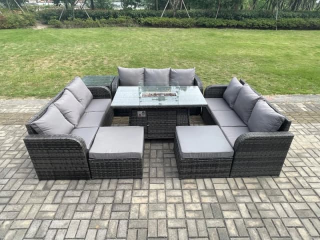 Fimous Outdoor Rattan Furniture Garden Dining Set Gas Fire Pit Table With Side Table Lounge Sofa 2 Big Footstool Dark Grey