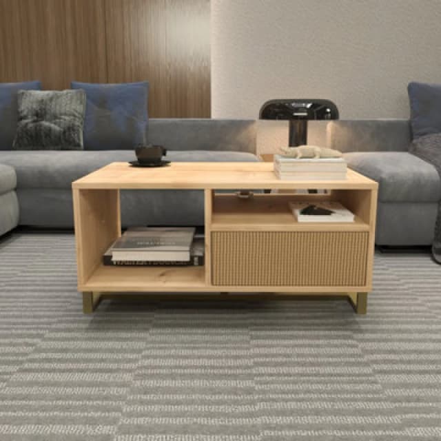Decorotika - Utopie Modern Coffee Table With Cabinet - Oak And Rattan, Multi UTP35CT04