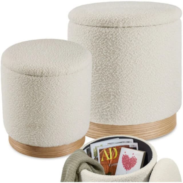 Tectake Stools Orchid Set Of 2 - Padded, Boucle Cover Footstools, Large Storage Space - Cream, 1