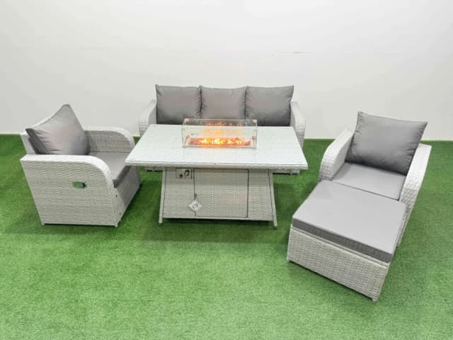Fimous PE Rattan Garden Furniture Set Reclining Chair Sofa Lounge Sofa Set Firepit Dining Table Big Footstool Light Grey Light Grey