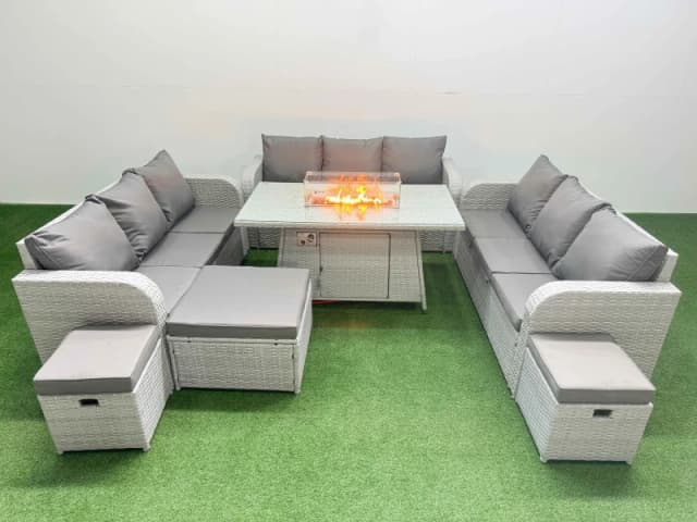 Fimous PE Rattan Lounge Sofa Set 12 Seater Outdoor Garden Furniture Set with Firepit Dining Table 3 Seater Sofa 3 Stools Light Grey Light Grey