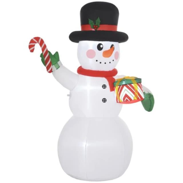 Outsunny 6FT Inflatable Snowman with Candy Cane and Gift Box for Party White