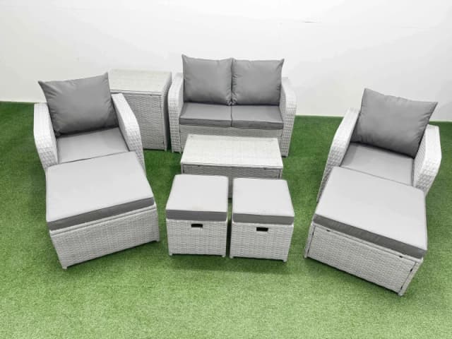 Fimous 9 PCs Rectangular Coffee Table Set Reclining Chair Inclining Sofas in Light Grey Light Grey Unisex