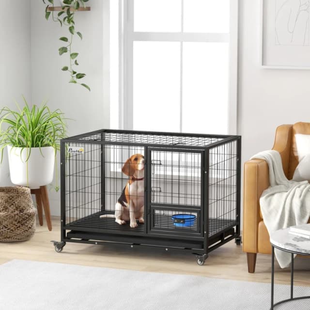 PawHut Heavy Duty Dog Crate on Wheels w/ Bowl Holder, Removable Tray 79H x 109L x 72Wcm - Pawhut 5056725508289